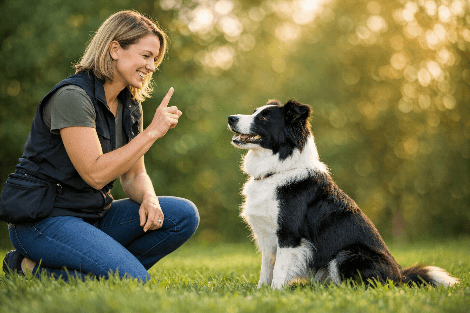 Dog trainer working with an attentive border collie in a park