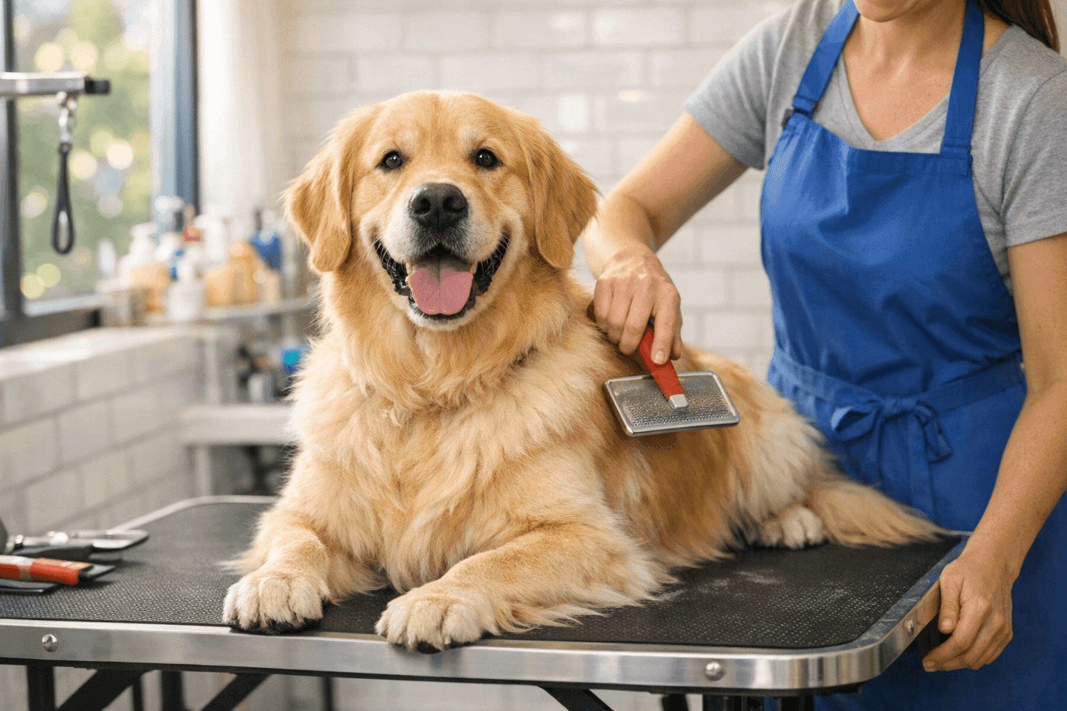 Golden retriever being brushed on a grooming table in a bright salon