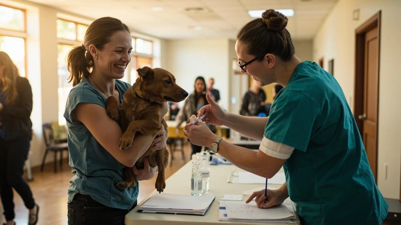 Pet owner holding her dog at a community vaccine clinic while a veterinary technician helps