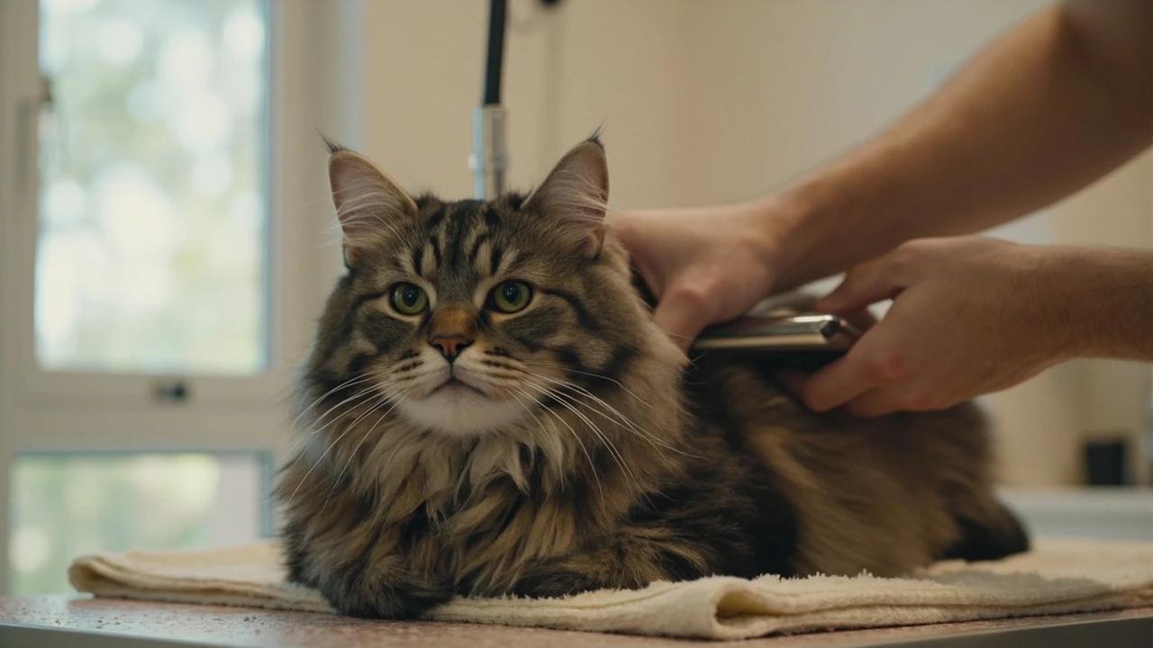 A long-haired cat being gently brushed by a professional groomer in a quiet salon