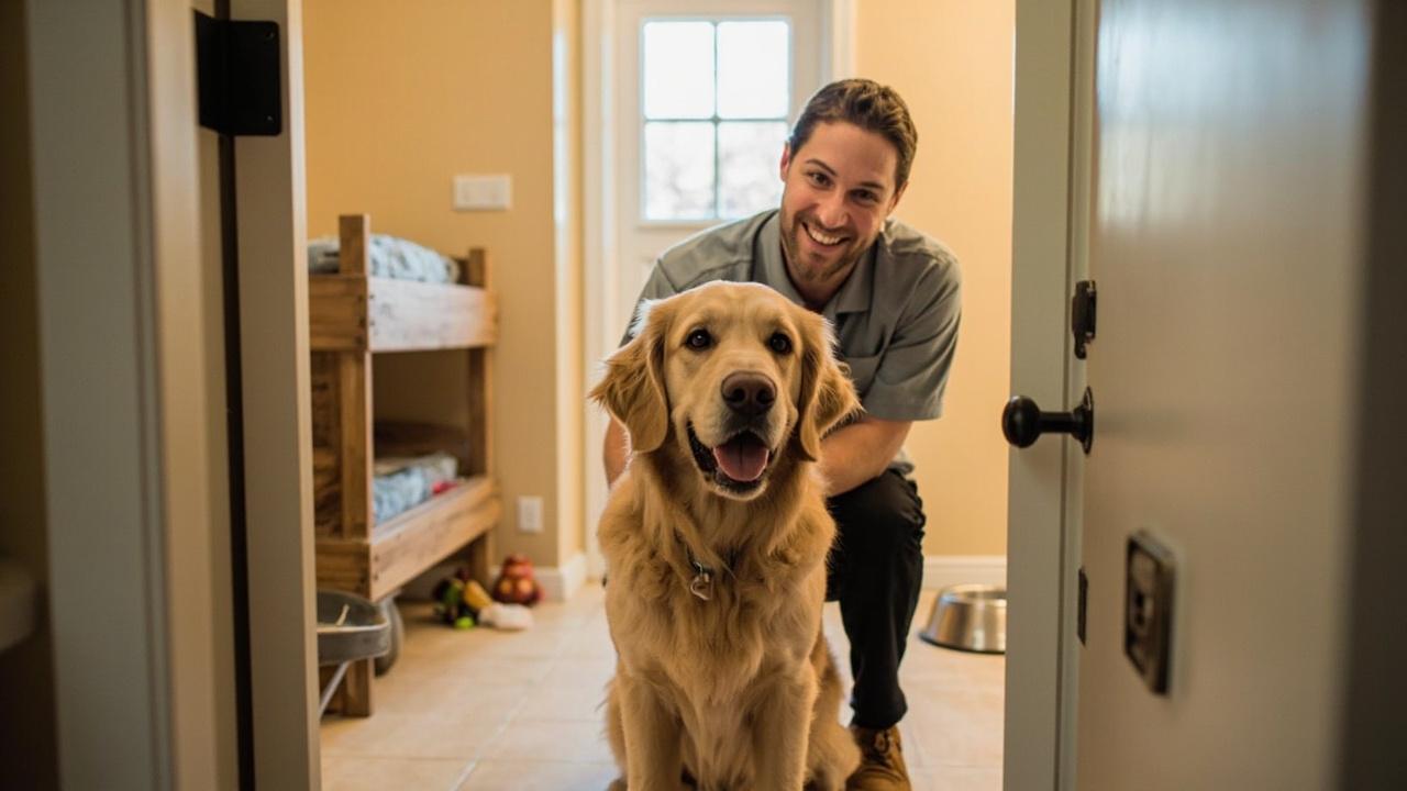 Happy golden retriever at the doorway of a clean boarding suite with a staff member