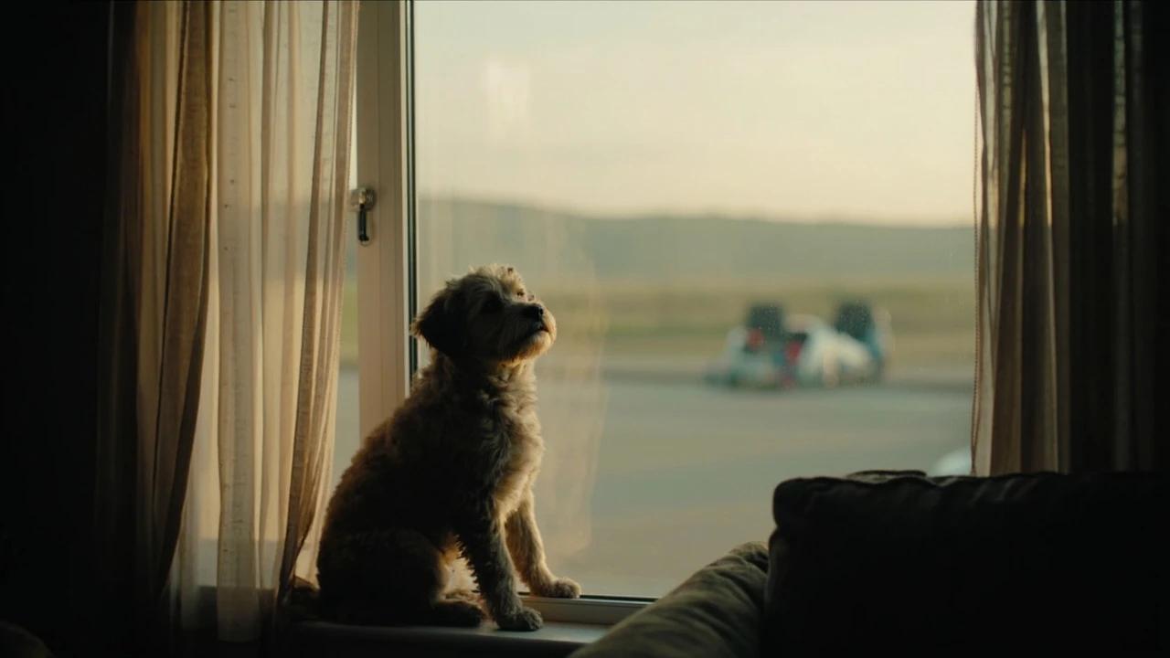 Dog watching its owner leave from the living room window