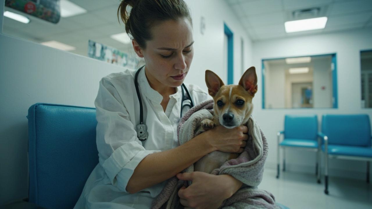 Pet owner holding a small dog in a blanket at an emergency vet clinic
