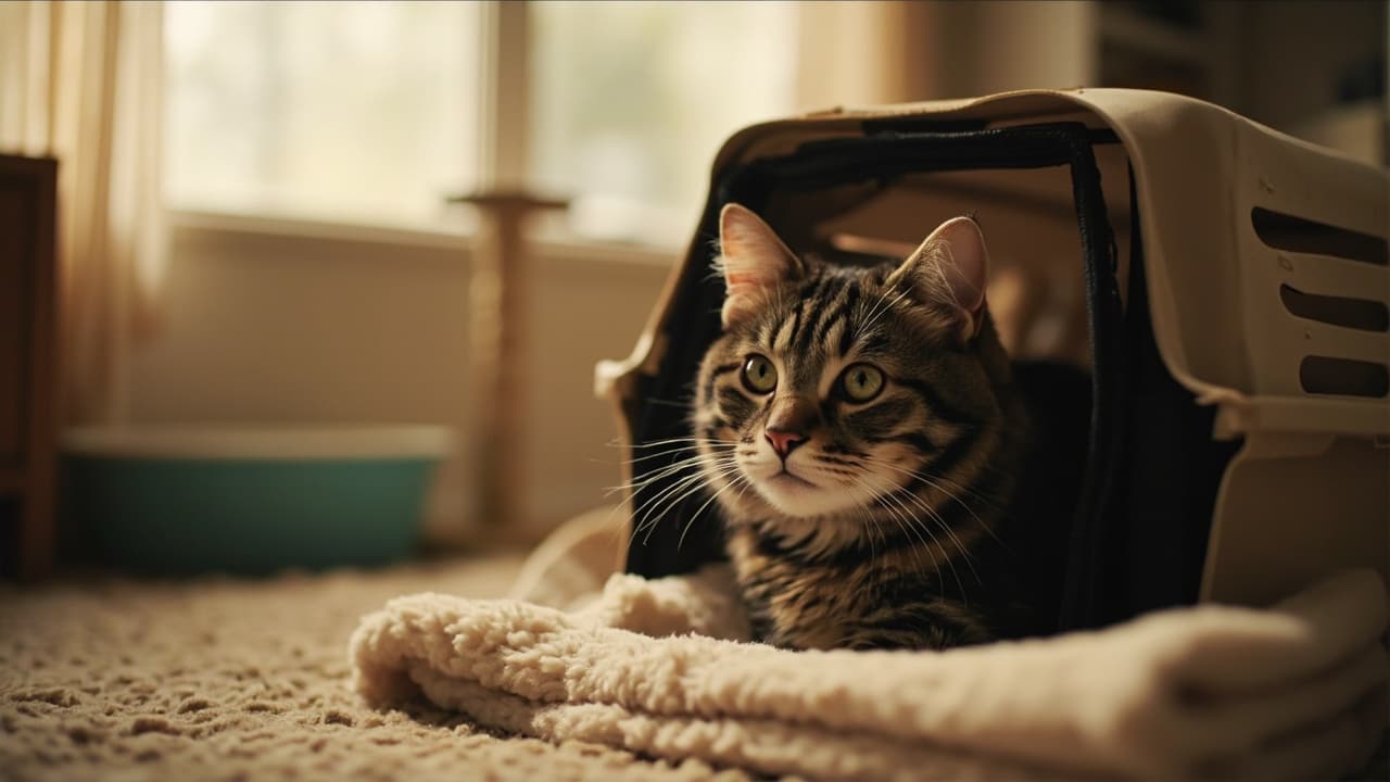 Newly adopted tabby cat peeking out from a blanket inside an open carrier in a cozy room