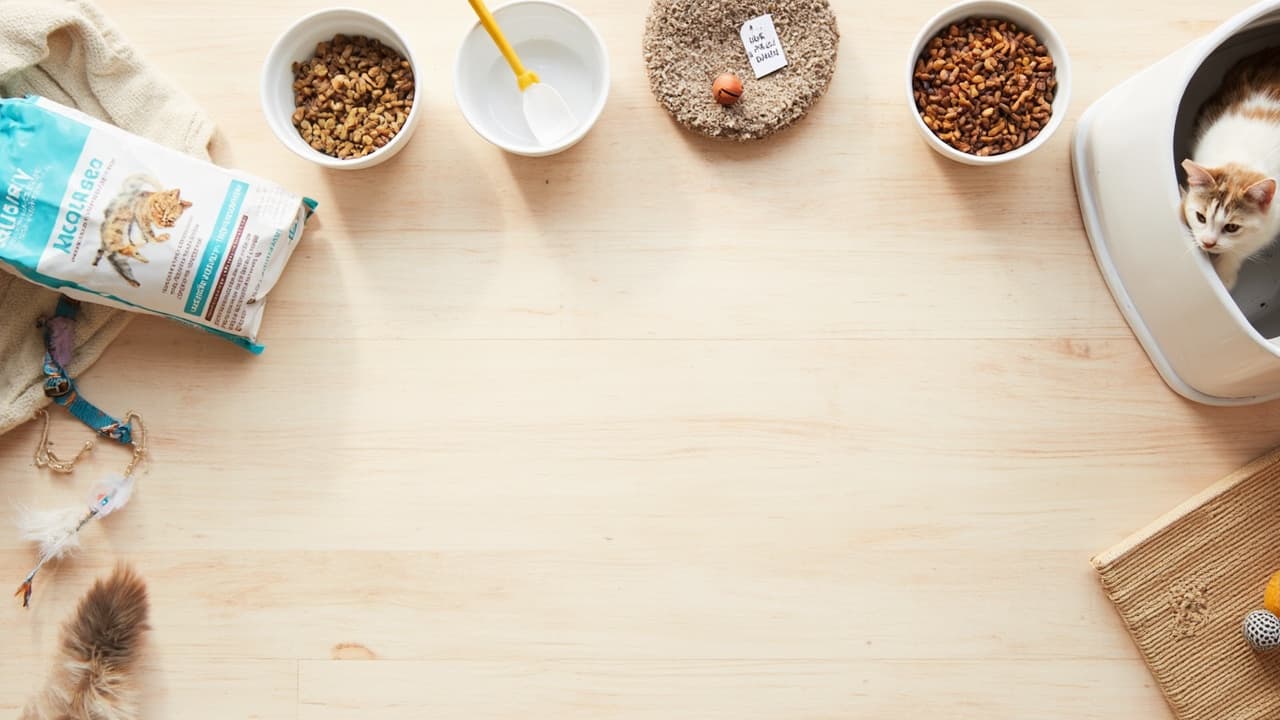 Flat lay of cat supplies on a wood floor — food bag, bowls of kibble, water dish, scratching mat, toys, and a litter box with a kitten stepping out