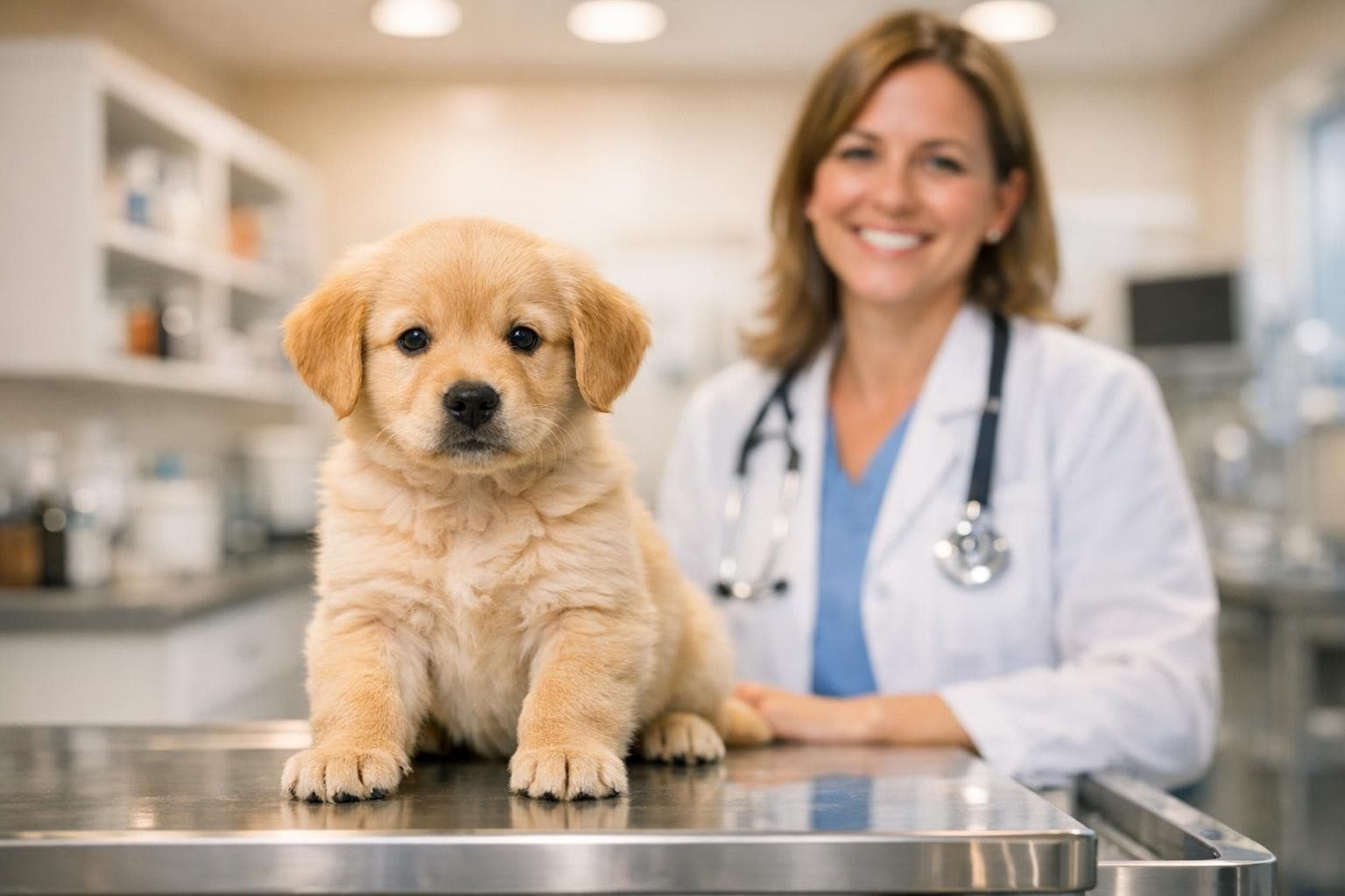 Puppy sitting calmly on an exam table during its first vet visit