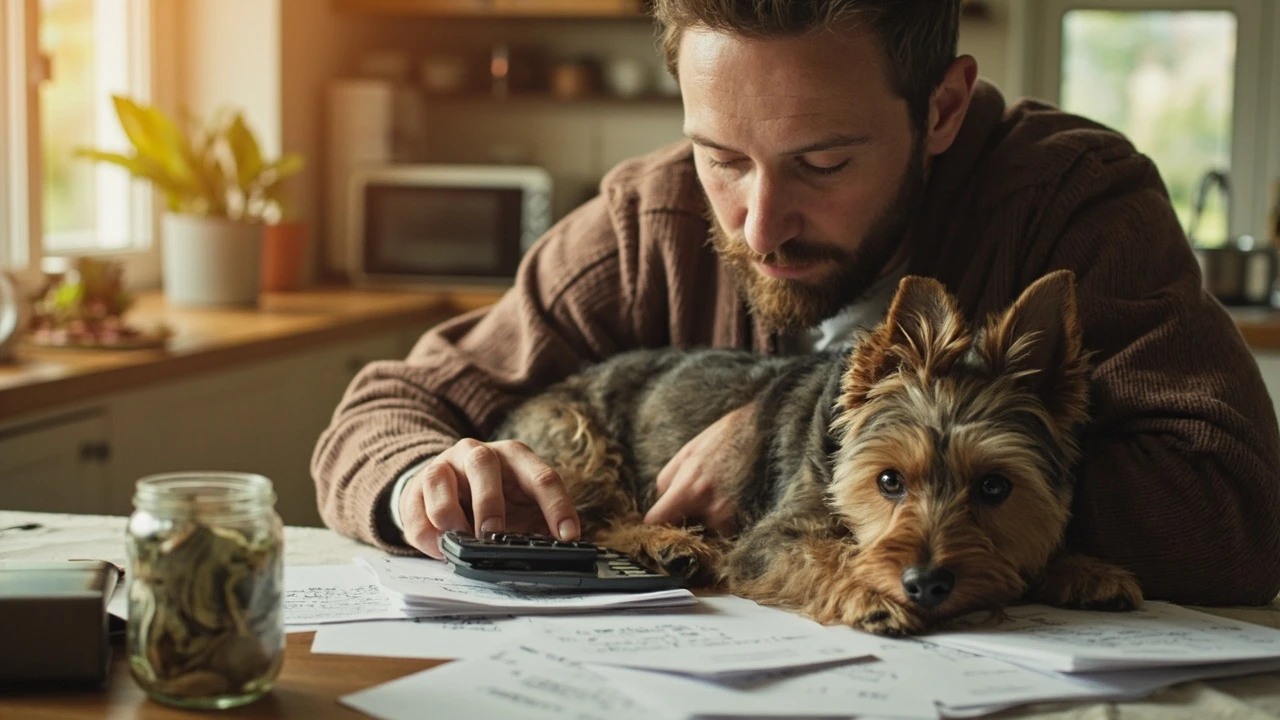 Pet owner planning a pet-care budget at the kitchen table with their dog