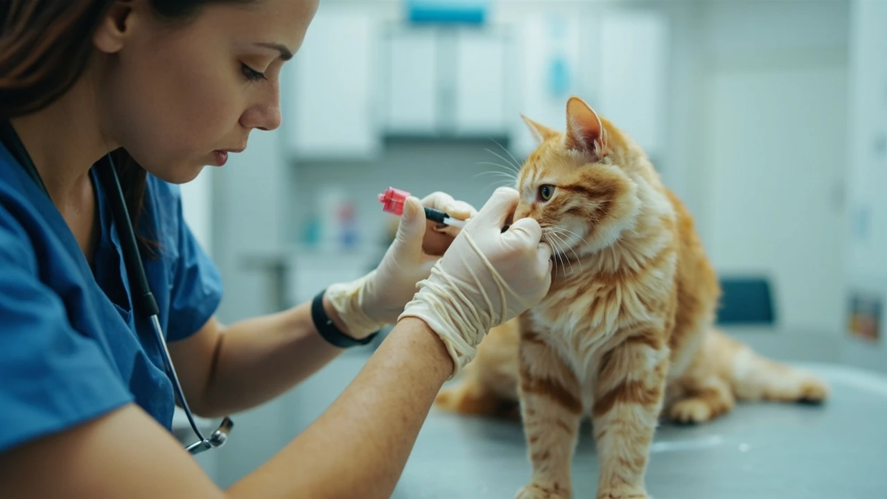 Veterinary technician giving a vaccine to a calm cat at a low-cost clinic