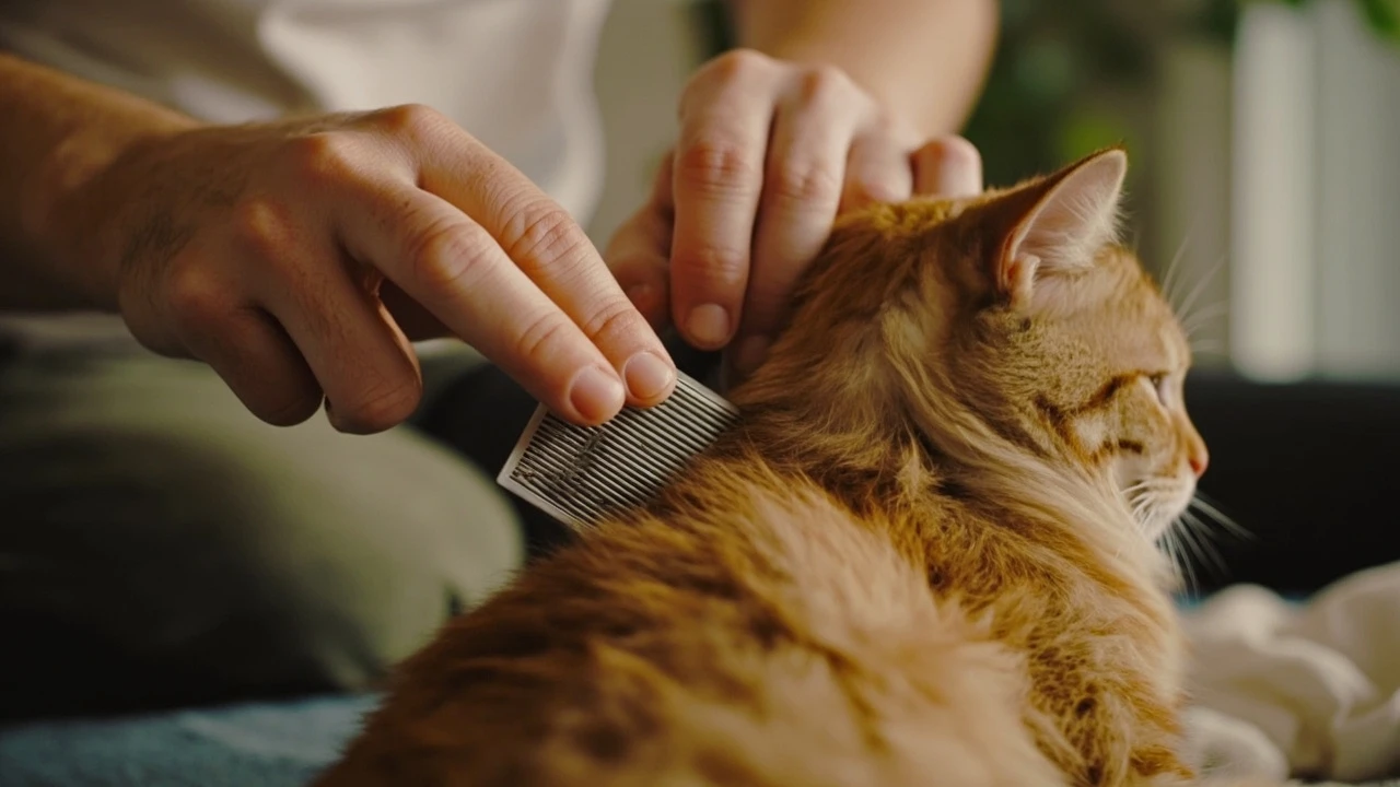 Hands carefully combing the fur of a relaxed senior tabby cat