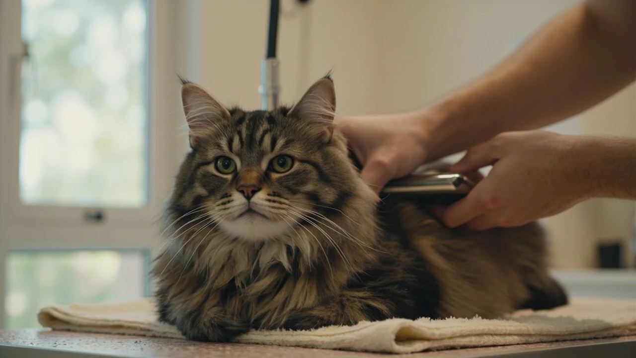 A long-haired cat being gently combed by a professional groomer