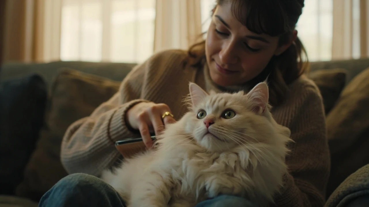 Woman brushing her relaxed fluffy cat on the sofa at home