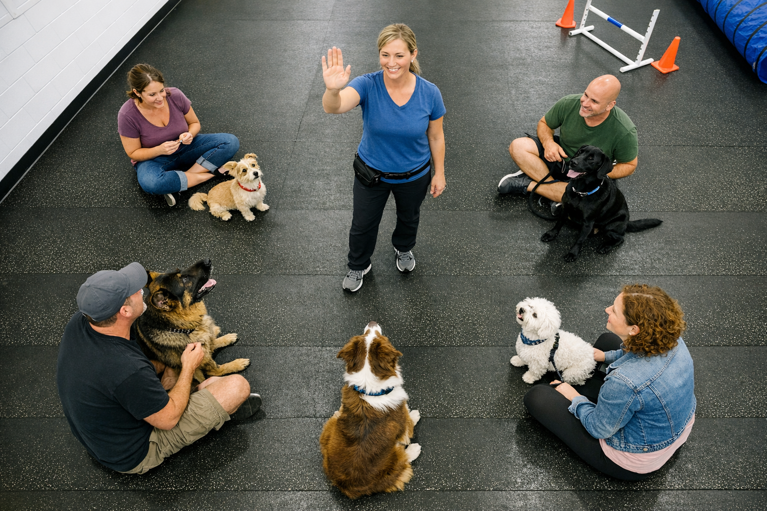 Small group dog training class in a bright indoor facility