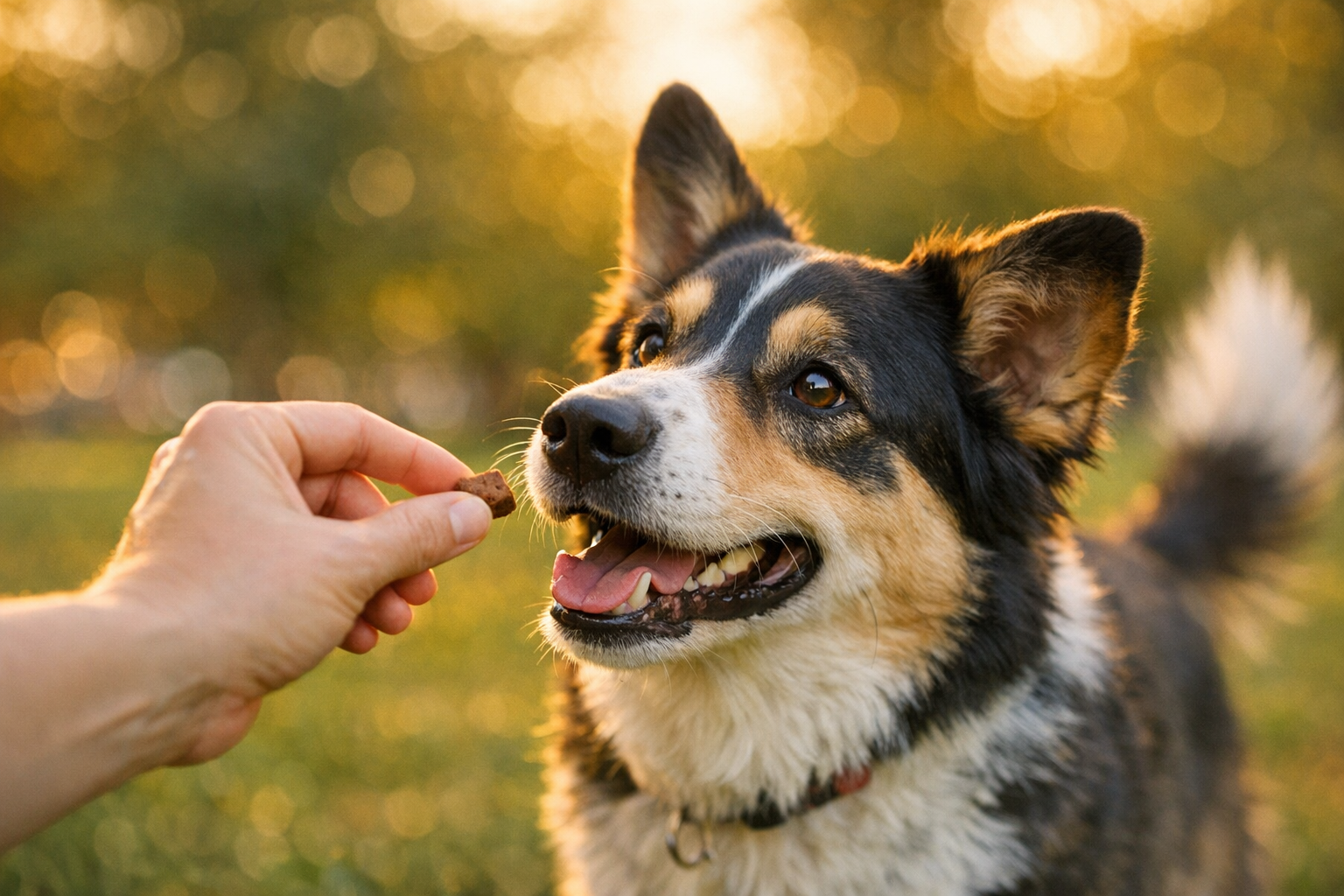 Person's hand offering a treat to a happy dog in a park setting