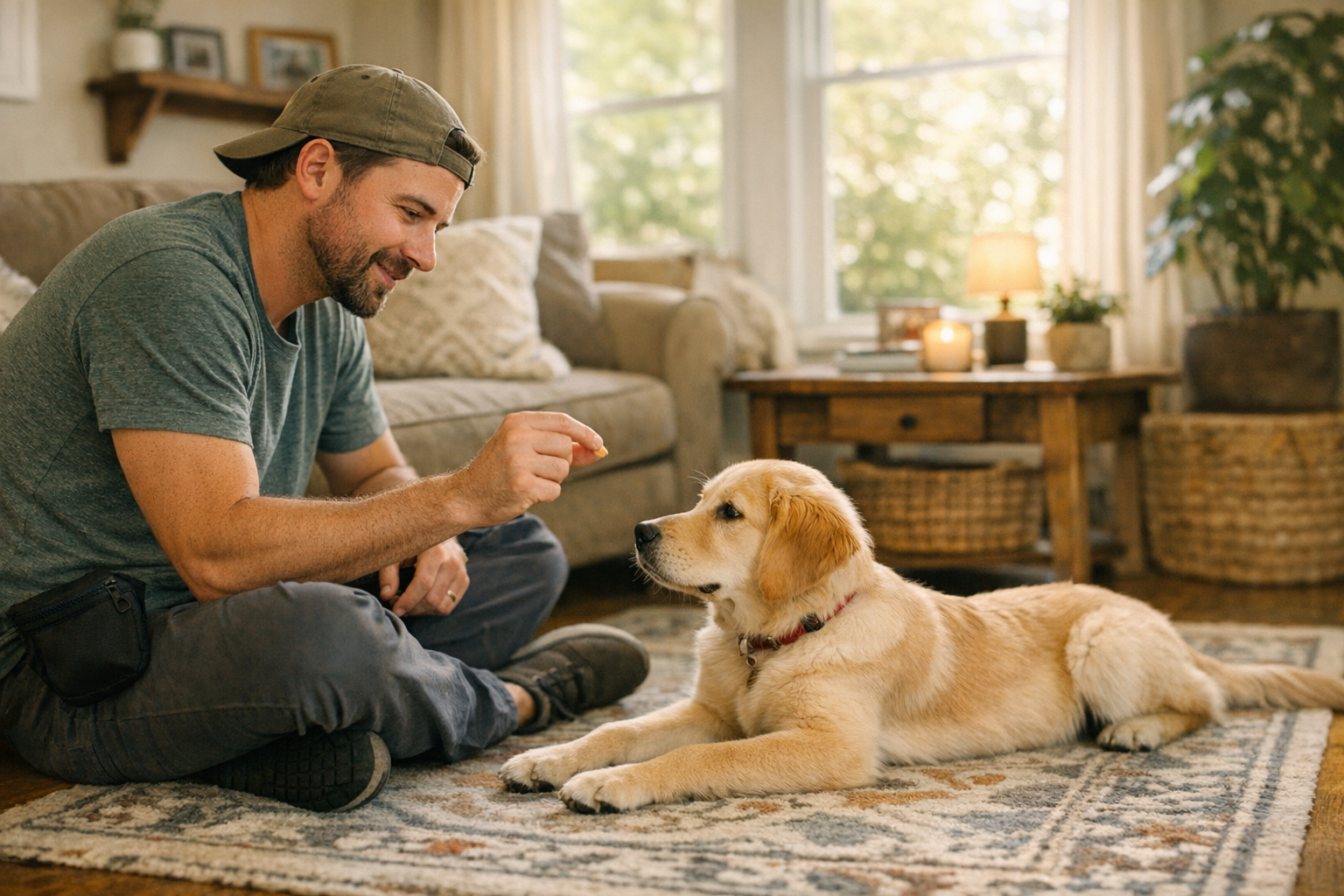 Private one-on-one dog training session in a living room