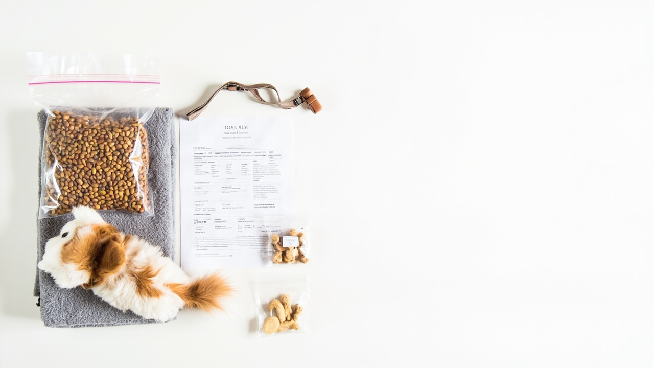 Items to pack for dog boarding laid out on a white surface