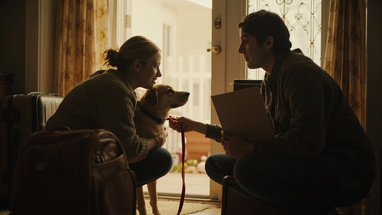 Woman saying goodbye to her dog while handing the leash to a pet sitter