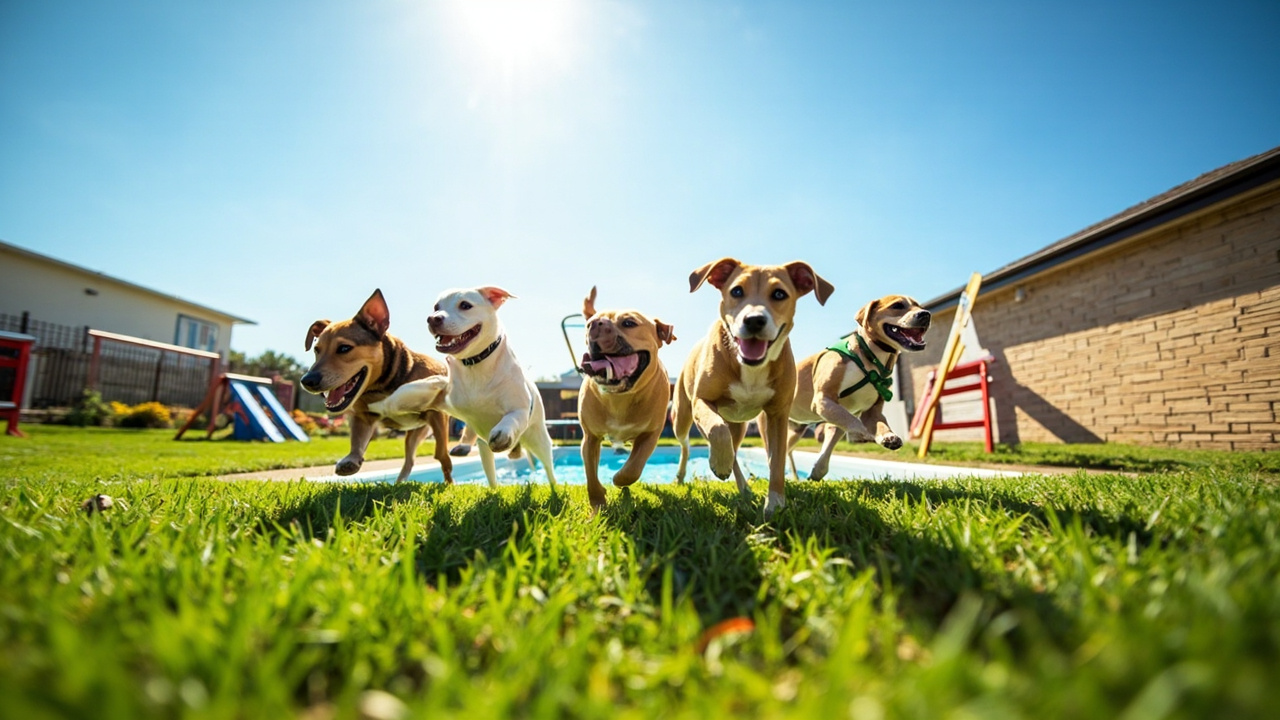 Dogs playing together in a large outdoor play yard at a boarding facility