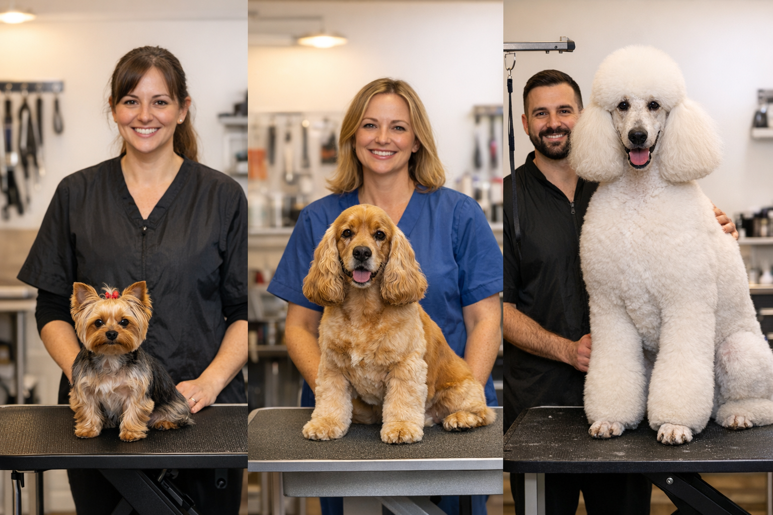 Three different dog breeds showing size contrast on grooming tables