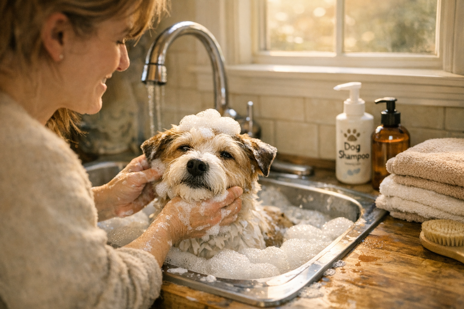 Dog owner bathing a small dog at home in a kitchen sink