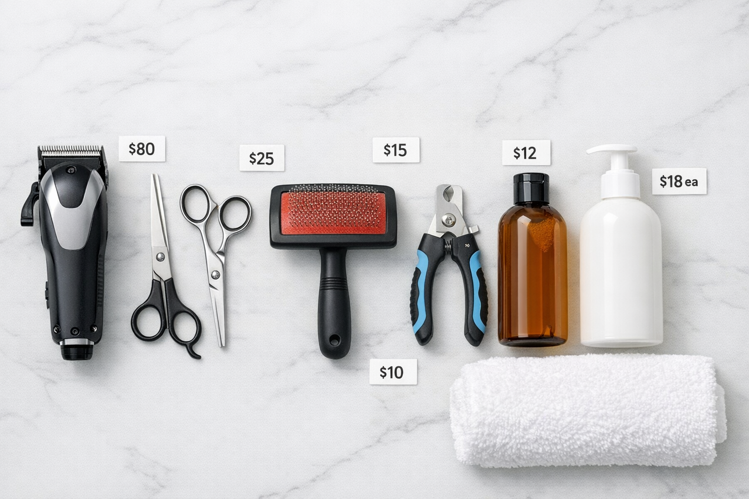 Grooming tools laid out on a clean surface with price indicators