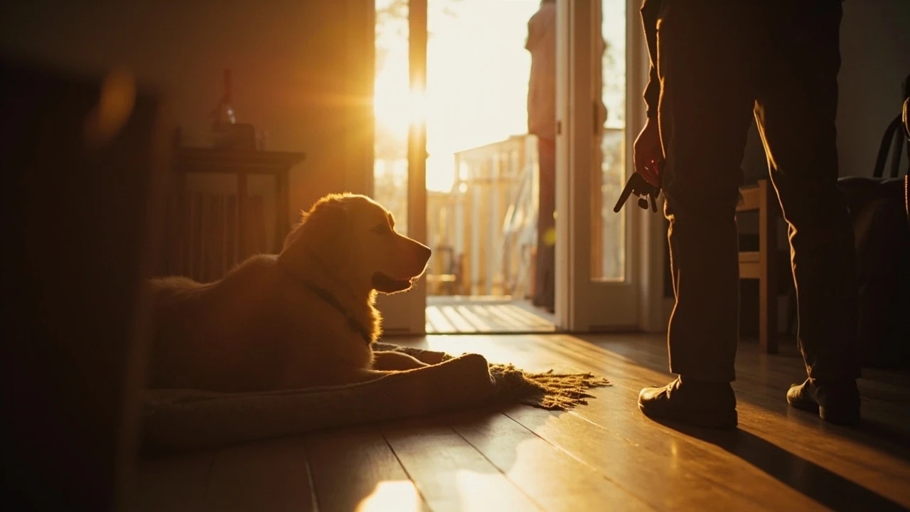 Owner practicing a calm departure at the front door while their dog settles on a bed