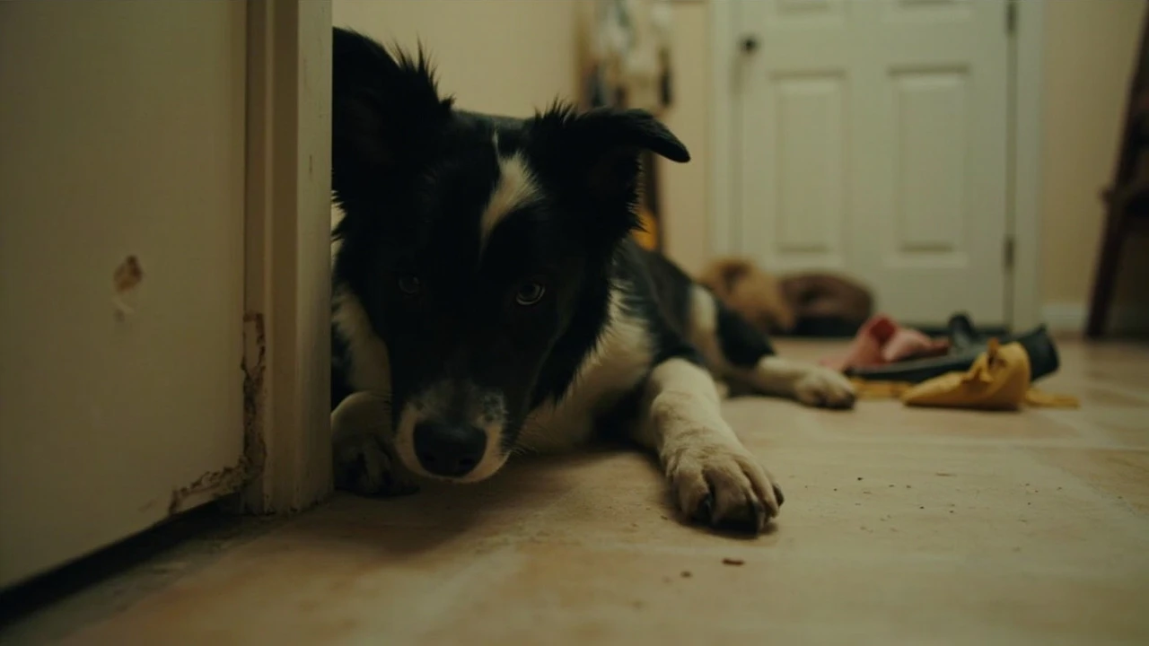 Chewed door trim and scratch marks by a front door — classic exit-point destruction