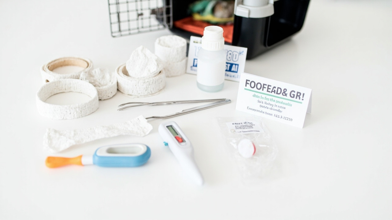 Pet first aid kit contents laid out on a white surface