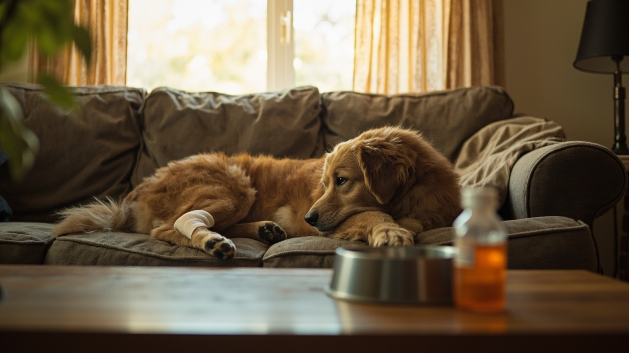 Dog resting comfortably on a couch at home with a light bandage on one paw