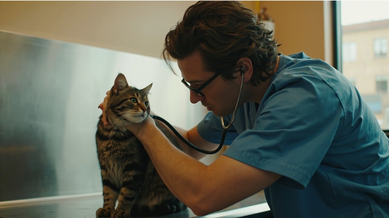 Veterinarian gently examining a tabby cat on an exam table