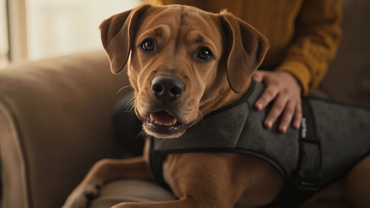 Calm dog wearing a snug compression anxiety wrap on a couch