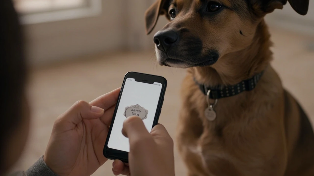 Owner checking the ID tag on a dog's collar with a phone in hand