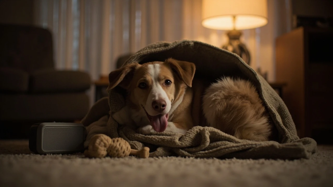 A content dog resting in a cozy covered crate set up as a calm safe space