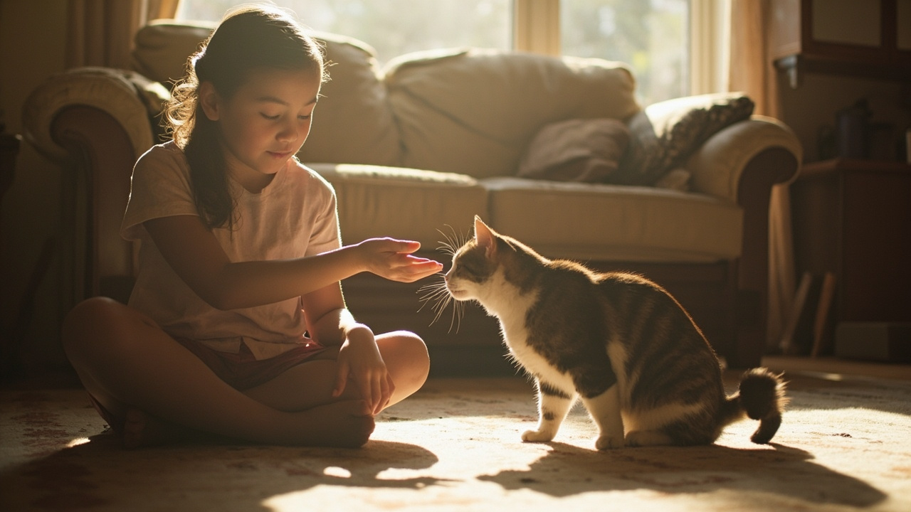 Person sitting on the floor extending a hand toward a shy calico cat