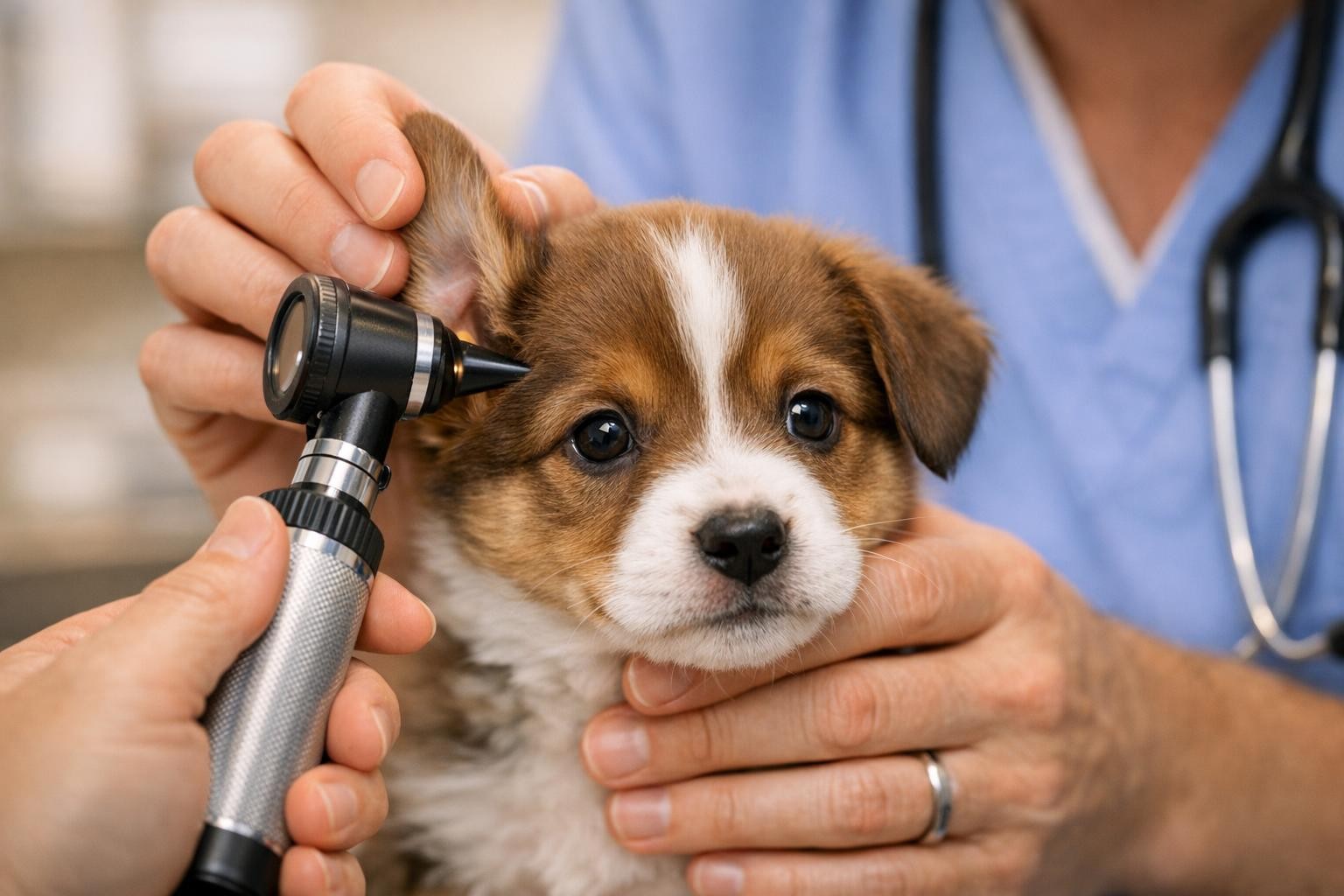 Veterinarian gently examining a puppy's ears with an otoscope