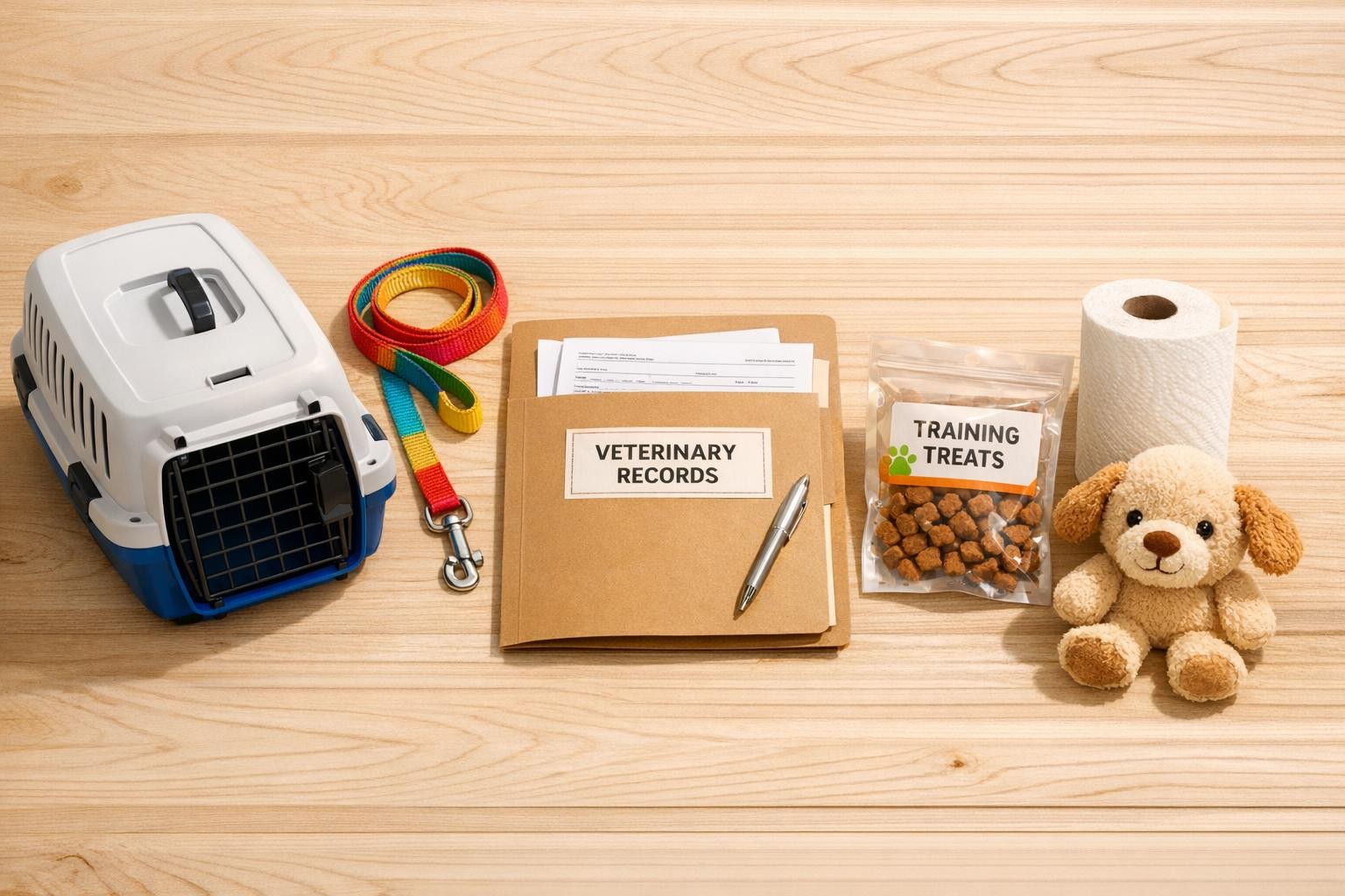 Puppy travel kit laid out with leash, treats, documents, and a small carrier