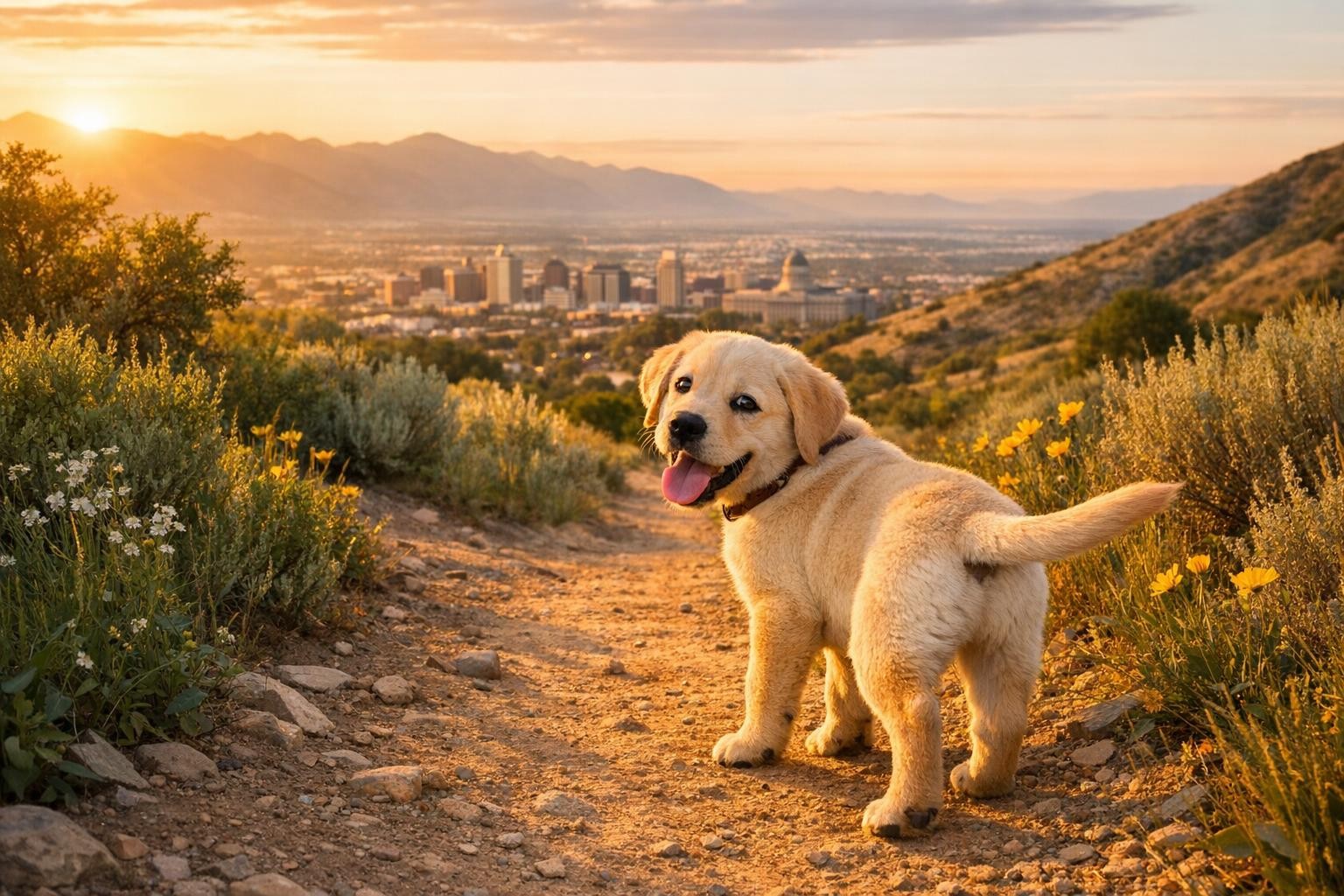 Happy puppy walking on a trail in the Wasatch foothills with Salt Lake City skyline in the background