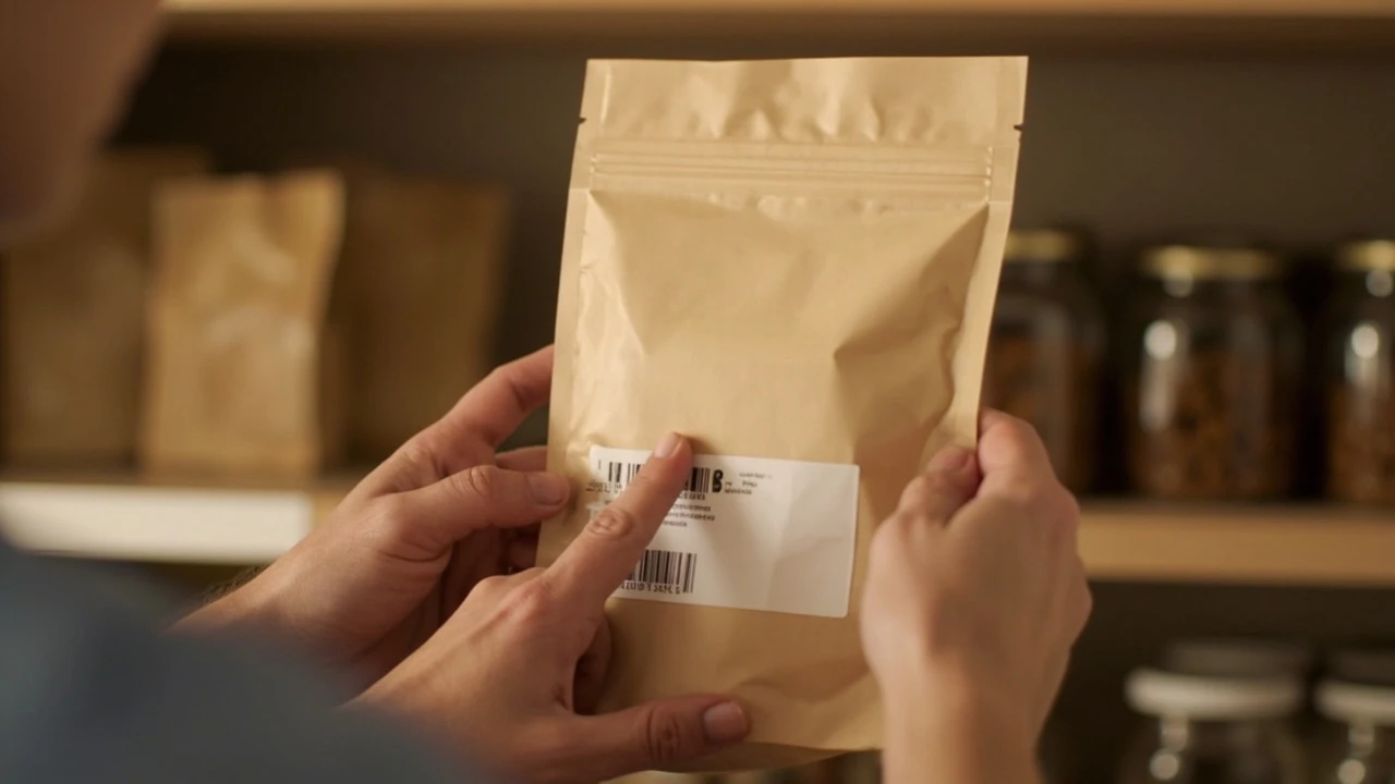 Hands checking the printed lot code on a pet food bag in a pantry