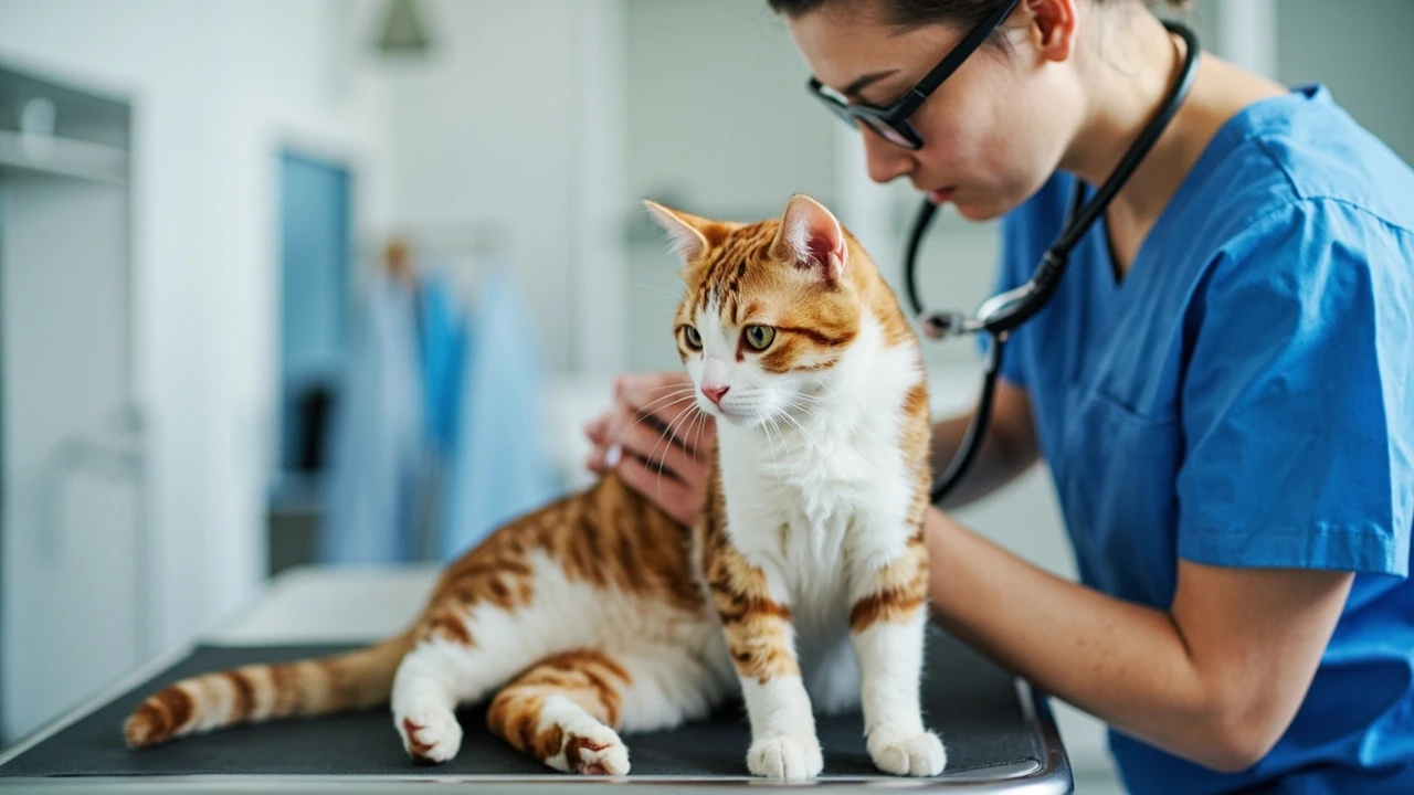 Veterinarian examining an orange tabby cat in a modern clinic