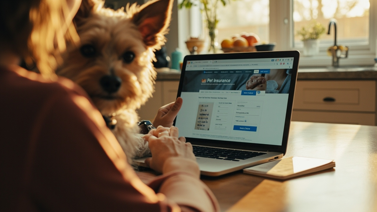 Person at a kitchen table with a laptop and small dog, planning a pet care budget