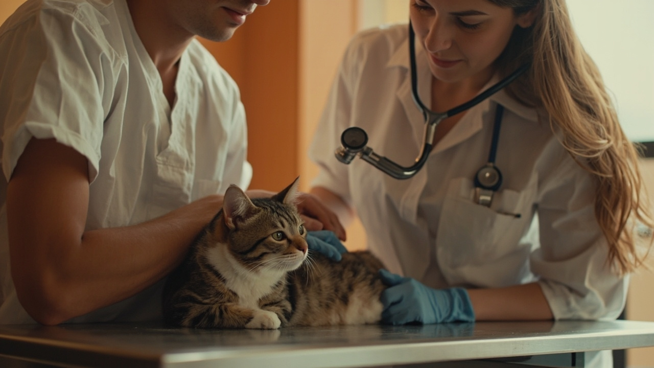Veterinarian examining a calm cat on an exam table with the owner nearby