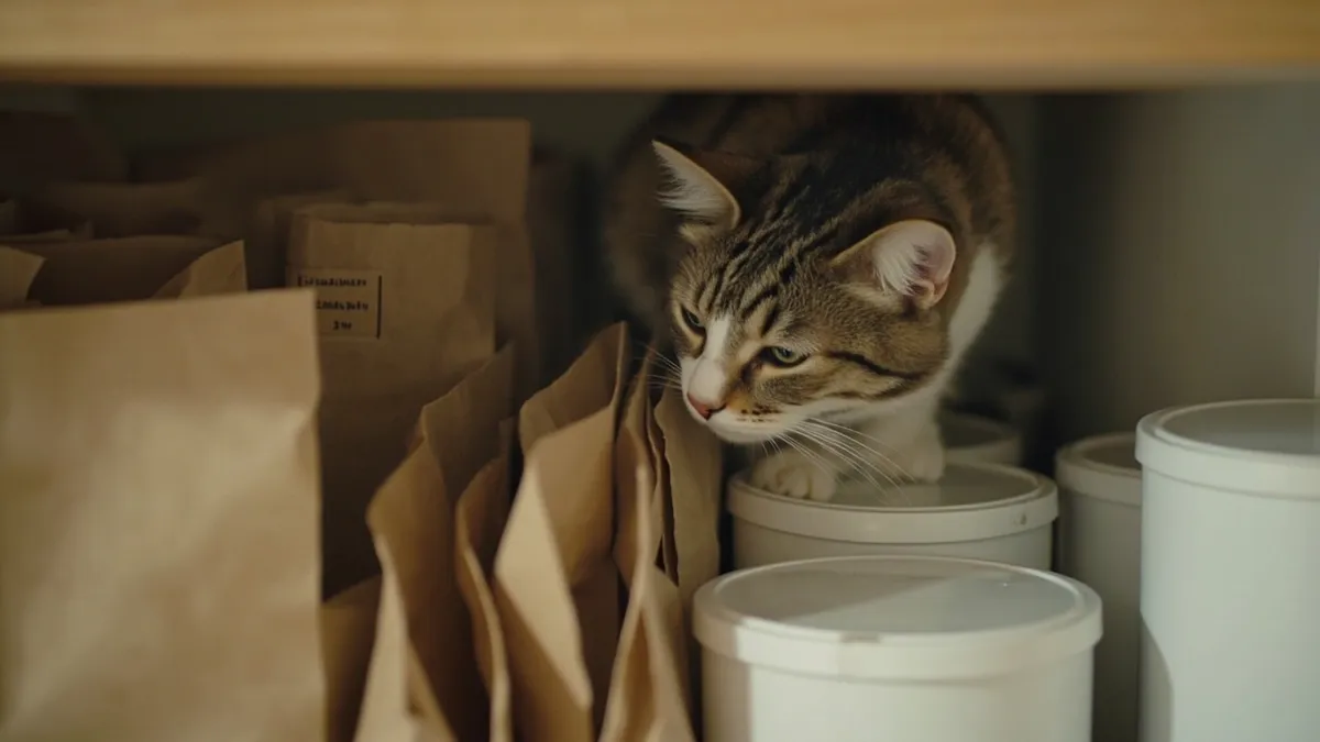 Tabby cat sniffing plain kraft bags and white storage tins of pet supplies on a pantry shelf