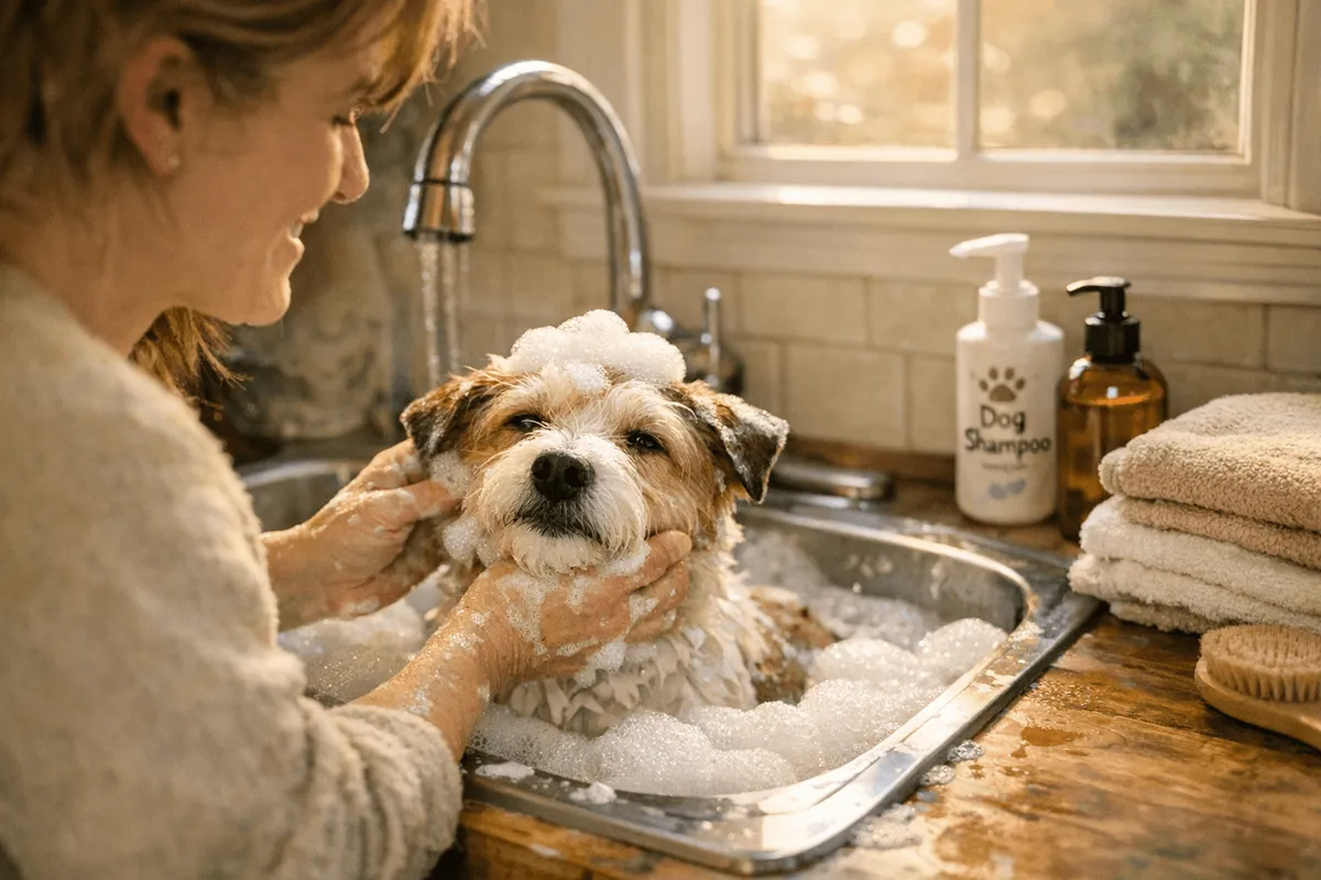 Dog owner bathing a small dog at home in a kitchen sink