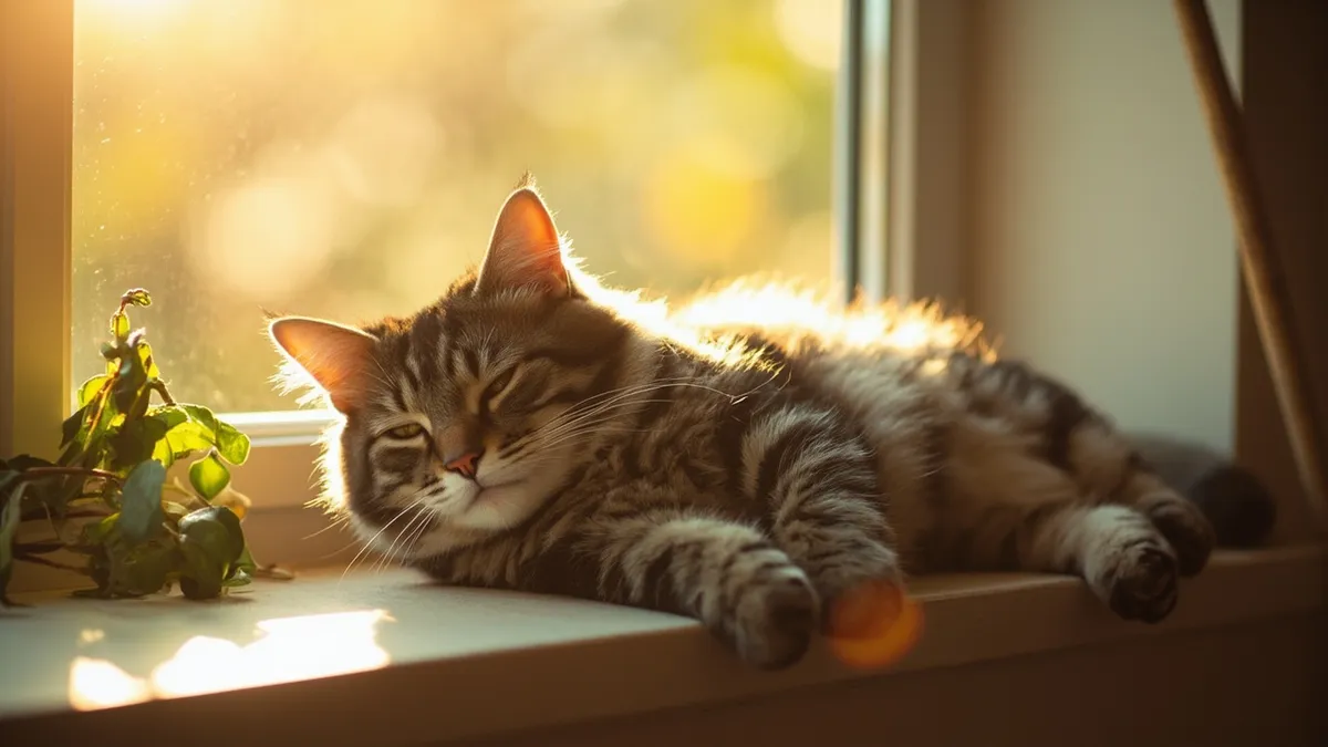 Tabby cat asleep on a sunlit windowsill next to a houseplant
